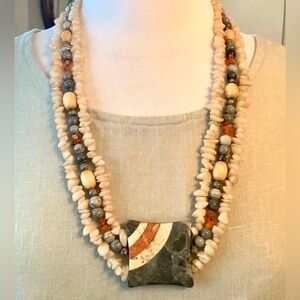 Genuine Agate Necklace Gemstone orange Fire Gray Statement pendant 3 strand